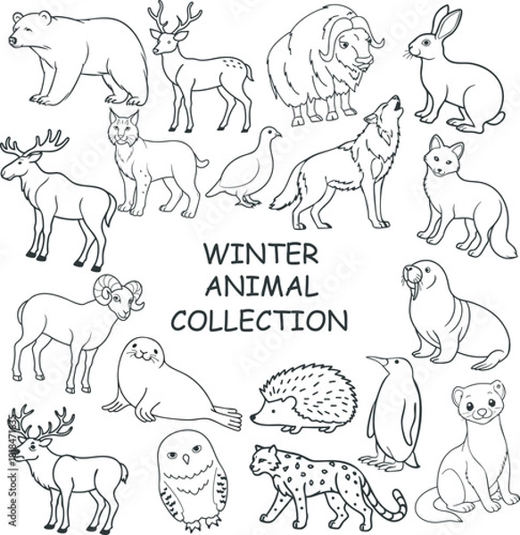 Obraz Minimal winter wildlife doodle vector set featuring arctic animals in clean line-art style. Perfect for seasonal design, branding, children’s books, stickers, patterns, and trendy Nordic illustration.