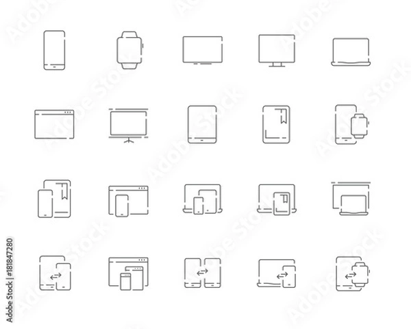 Fototapeta Simple set of devices vector line web icons. Contains such Icons as mobile phone, tablet, desktop, watch, projector, desktop, tv, e-reader and more. Editable Stroke. 48x48 Pixel Perfect.