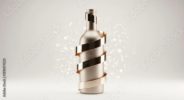 Obraz Gold champagne bottle with gold ribbon and gold glitter stars on beige background