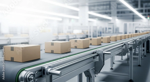Fototapeta Cardboard boxes on a conveyor belt in an industrial setting