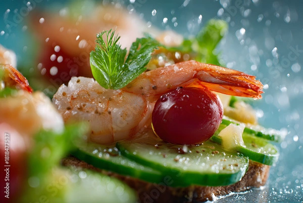 Obraz Shrimp with cucumbers and tomatoes close up