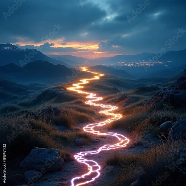 Obraz Glowing Path in Mountains Leading to Distant City Lights