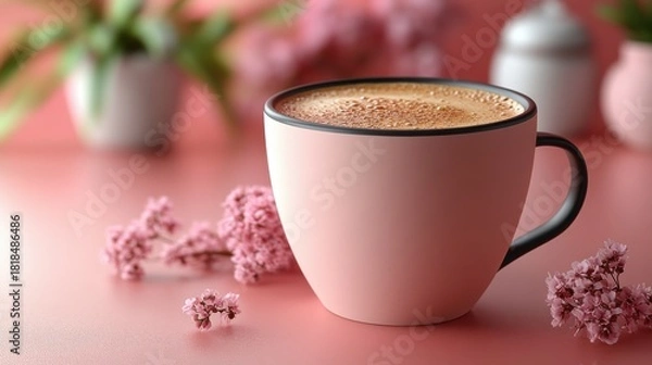 Fototapeta Warm coffee cup surrounded by pink flowers on a soft pink background in a cozy setting