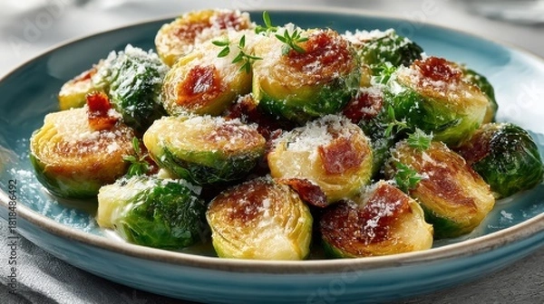 Fototapeta Delicious roasted Brussels sprouts with crispy bacon and parmesan garnish on a blue plate