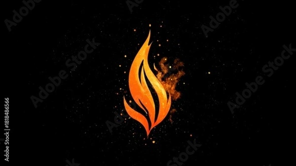 Obraz Bright orange flame symbol representing fire against a dark background with sparks and a smoky texture