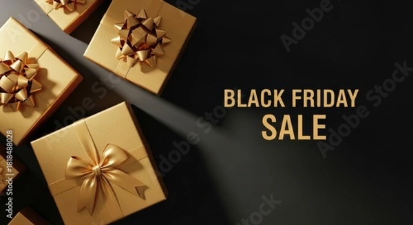 Fototapeta Golden gift boxes elegantly present a Black Friday Sale message, offering premium discounts on a sleek dark background with luxurious appeal