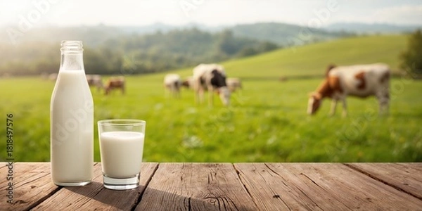 Obraz Glass and bottle of fresh milk on wooden table with cows on green meadow and morning light, emphasizing dairy production for World Milk Day