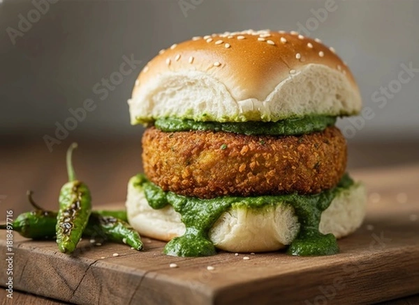 Fototapeta Delicious crispy street-style Vada Pav burger with chutney and fried chilies served on a wooden board for authentic Indian snack lovers