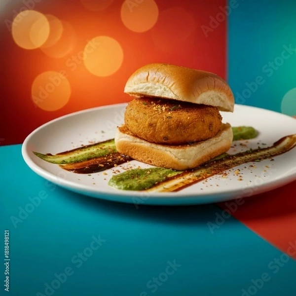 Fototapeta Minimal plate-presented Vada Pav served with chutney streaks showcasing colorful vibrant Indian street food presentation