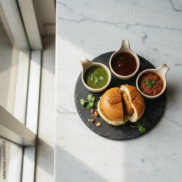 Fototapeta Street food classic Vada Pav served with three chutneys on slate plate capturing authentic Mumbai flavor and tradition