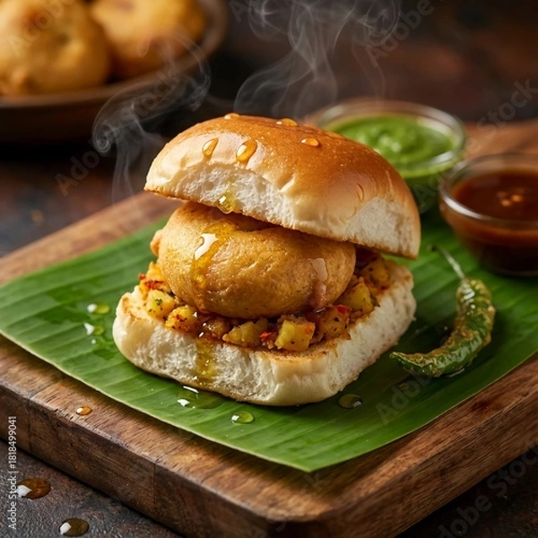 Fototapeta Freshly served Vada Pav with green chutney and tamarind dipping sauces styled on banana leaf for a flavorful Indian food experience