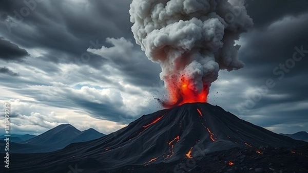 Obraz eruption. Volcano erupting, molten rock against a dramatic sky filled with ash clouds. ESG reports, sustainability campaigns, designed for sustainability communications and ESG reporting.