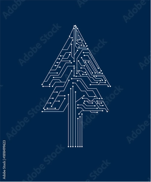 Fototapeta Abstract circuit board of christmas tree concept design. Decorative element suitable for card, cover, wallpaper, packaging and banner. Vector illustration.