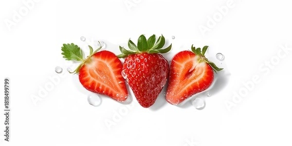 Fototapeta Fresh strawberry slices on a white background with water droplets and bubbles, suitable for food presentation or layout design