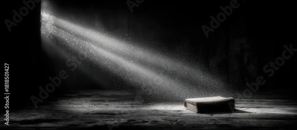 Fototapeta Dramatic light illuminates a book on a weathered surface in a dark space