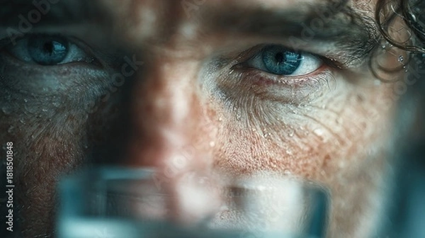 Fototapeta Close-up of a sweaty person with blue eyes drinking from a glass