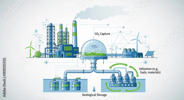 Obraz CCS Technology Workflow – Industrial CO₂ Capture, Compression, and Underground Storage Vector Diagram