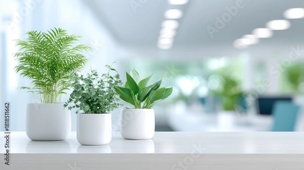 Fototapeta Modern abstract office interior with blurry background natural light plants and glass furniture in a high-quality workspace design for business environment