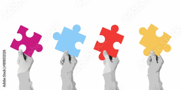 Obraz Hands holding colorful puzzle pieces against white background