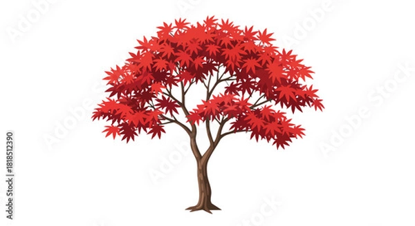 Fototapeta Vibrant crimson maple tree with intricate branching isolated against a white background, displaying its unique foliage with detailed artistry