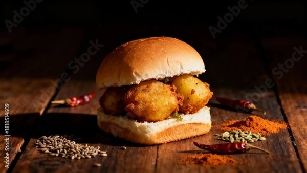 Fototapeta Rustic wooden background featuring traditional spicy Vada Pav with cumin seeds and chili powder emphasizing authentic Indian street flavors