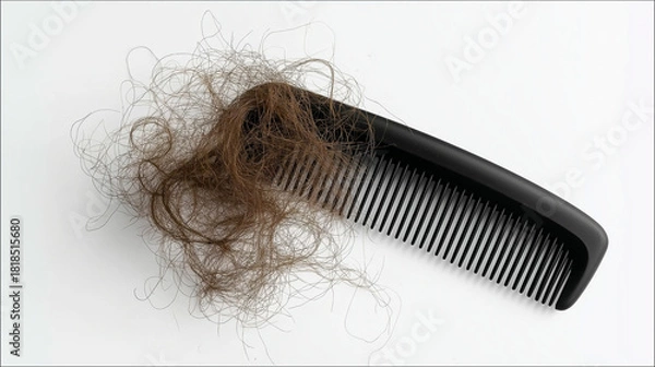 Fototapeta Hair loss problem with brown strands on a black comb, symbolizing alopecia, shedding, and health concern, showing hair fall on a white background