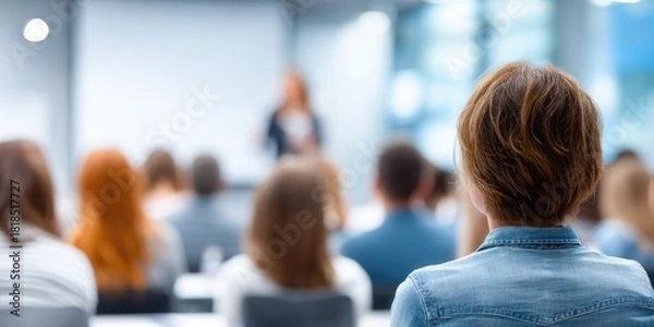 Fototapeta Bright scientific conference meeting at university hall audience engaged in workshop presentation by speaker with blurred background