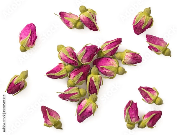 Obraz Dried rose tea isolated on white background, top view.