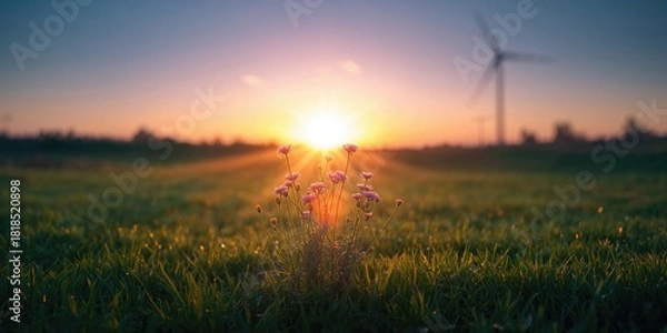 Fototapeta Grassy fields out of focus at sunset with warm tones and lens flare, emphasizing natural scenery for environmental awareness