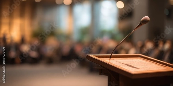 Obraz Professional speaker at conference podium in blurred background setting high quality ceremony capture with focus on speaker and audience interaction