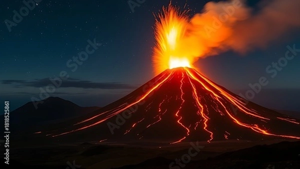 Fototapeta destructive. Volcanic eruption at night, lava flow creating a fiery crown against the dark sky. ESG reports, sustainability campaigns, designed for sustainability communications and ESG reporting.