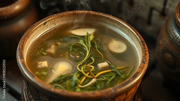 Fototapeta compress. Steaming herbal compress in a traditional ceramic bowl with visible medicinal plants, warm earthy tones. event programs.