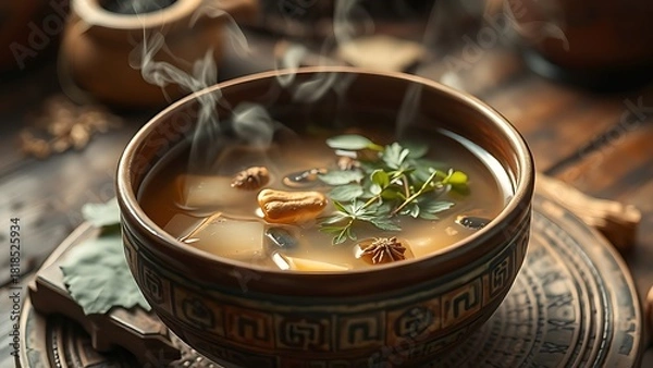 Fototapeta compress. Steaming herbal compress in a traditional ceramic bowl with visible medicinal plants, warm earthy tones. event programs.