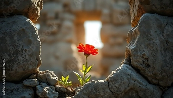 Fototapeta resilient. A single red flower blooming from a crack in ancient stone ruins. gardening catalogs, home-decor guides, designed for home decor and floral branding, celebrates nature.