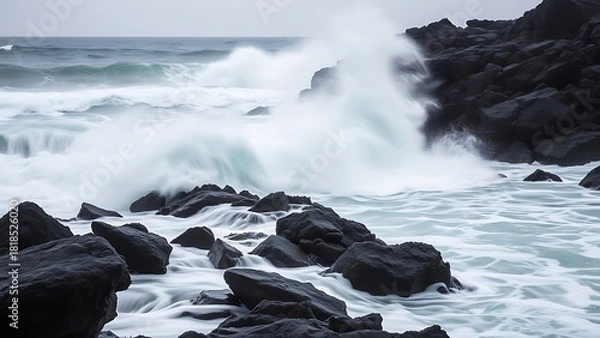 Fototapeta violently. Stormy ocean waves crashing against dark rugged rocks, dramatic seascape with motion blur and overcast sky. travel magazines.