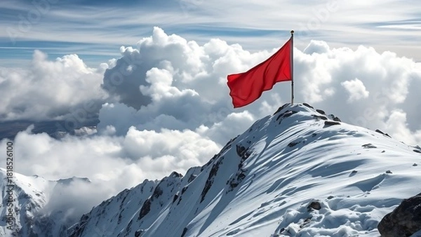 Fototapeta steep. Mountaineering flag waving on a snowy mountain peak with dramatic clouds in the background. travel magazines, destination branding, designed for outdoor magazines and nature guides.