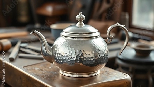 Fototapeta unfinished. An unfinished silver teapot with hammered texture resting on a gilded workbench. safety posters, maintenance manuals, designed for industrial assembly lines and welding operations.