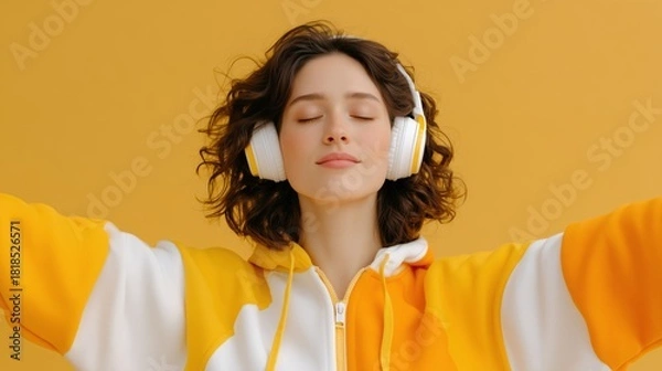 Obraz Woman enjoying music with headphones in vibrant colorblocking monochromatic set