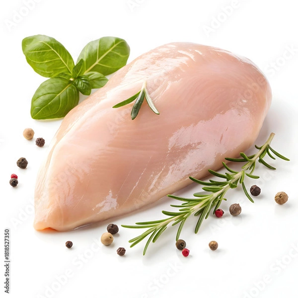 Fototapeta A raw chicken breast is isolated on a white background, highlighting its clean texture, freshness,