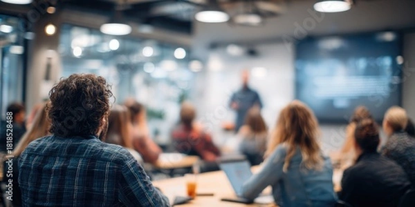 Fototapeta Blurred image of teacher speaking to group of students during educational seminar at university classroom engaging presentation for mba and phd development