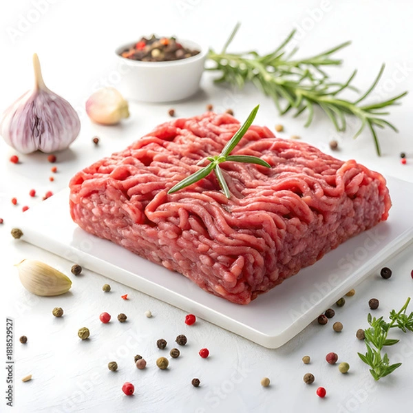 Fototapeta A portion of raw minced meat is isolated on a white background, highlighting its texture, freshness,