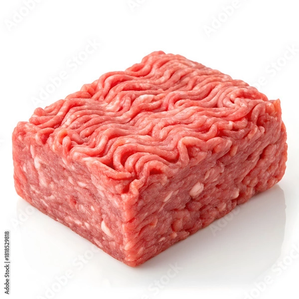 Fototapeta A portion of raw minced meat is isolated on a white background, highlighting its texture, freshness,
