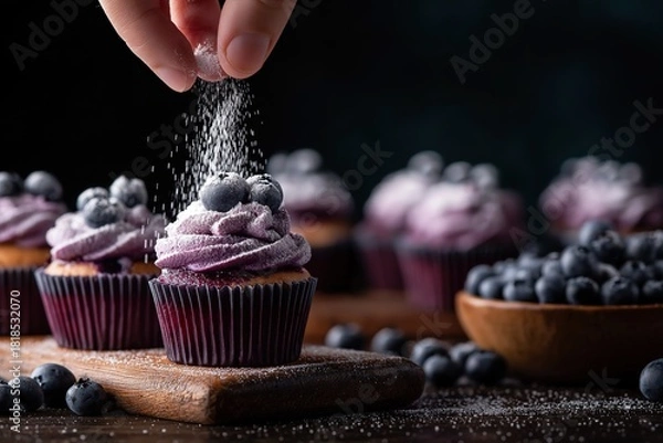 Obraz Artisan carefully applying powdered sugar to blueberry cupcakes with spatulas on dark wood, ideal for culinary content and baking concepts.