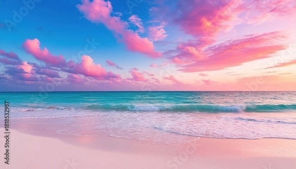 Fototapeta A tropical paradise beach with white sand, azure sea, and pink clouds