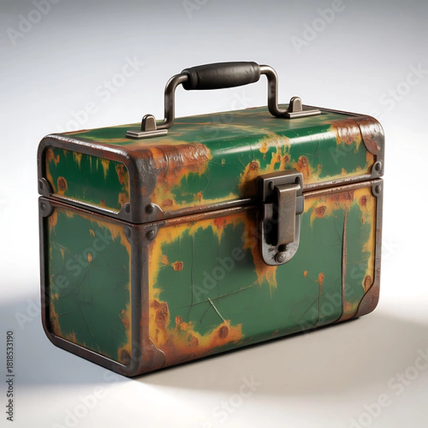 Fototapeta Old green and rusty metal toolbox with handle