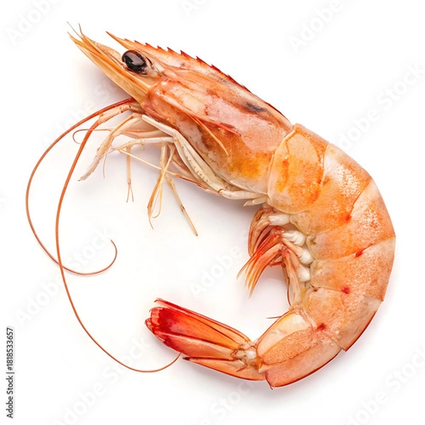 Fototapeta A single piece of raw prawn is isolated on a white background, highlighting its freshness, texture, and suitability