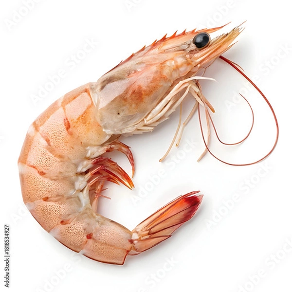 Fototapeta A single piece of raw prawn is isolated on a white background, highlighting its freshness, texture, and suitability