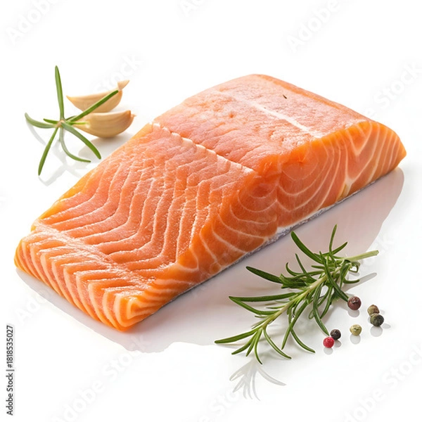 Fototapeta A raw salmon fillet is isolated on a pure white background, displaying its vibrant orange color, freshness,