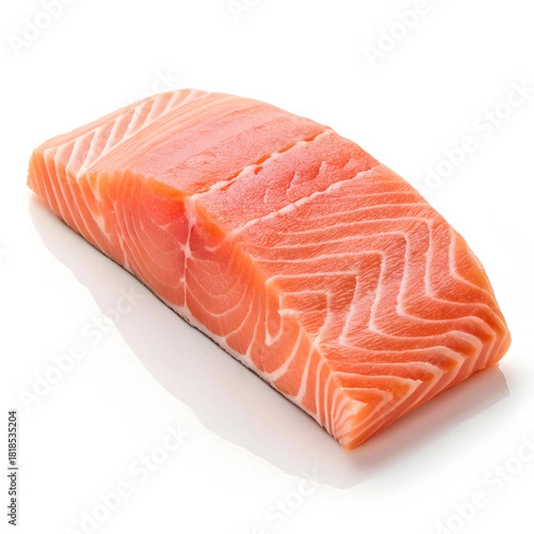 Fototapeta A raw salmon fillet is isolated on a pure white background, displaying its vibrant orange color, freshness,