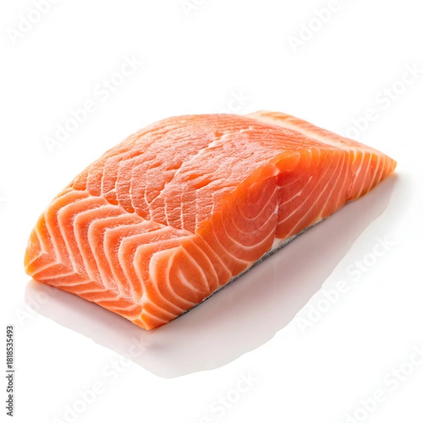 Fototapeta A raw salmon fillet is isolated on a pure white background, displaying its vibrant orange color, freshness,